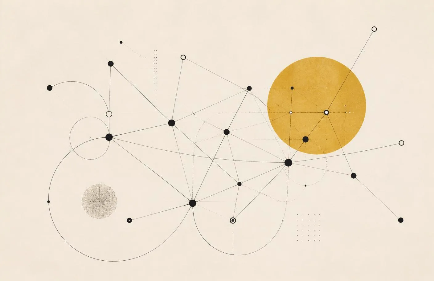 Abstract diagram of connected system nodes drawn as fine ink lines on warm paper
